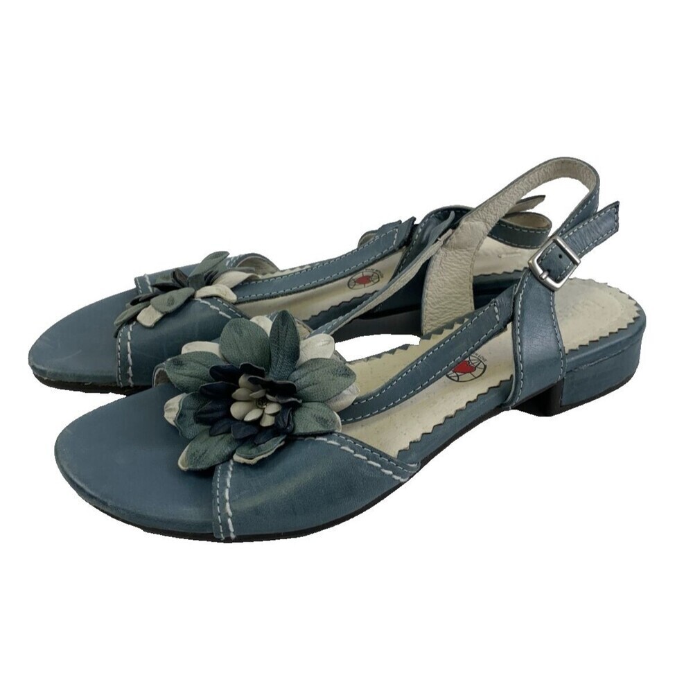 Bussola Lisboa Sandal Blue Leather Flower Slingback Buckle Womens 38 7 - 7.5